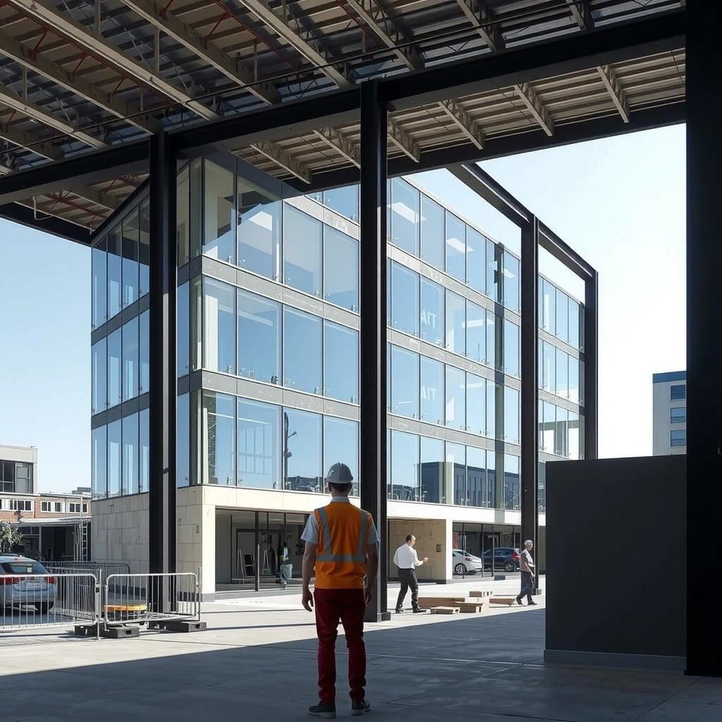 Commercial construction project with office building and retail spaces