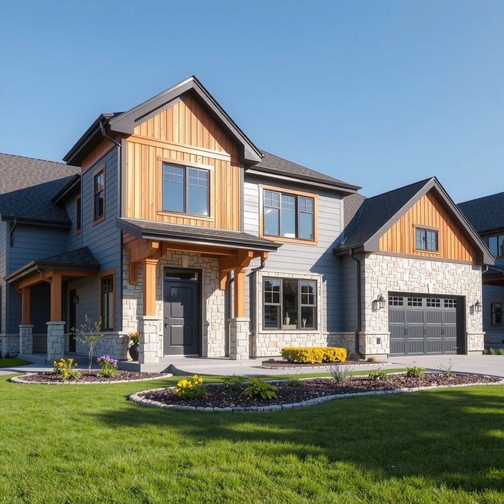 Modern residential construction project showing finished luxury homes