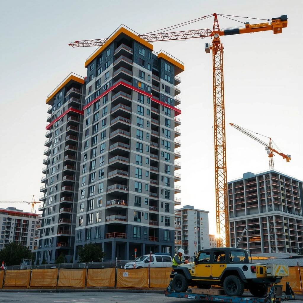 Professional construction site with cranes and buildings